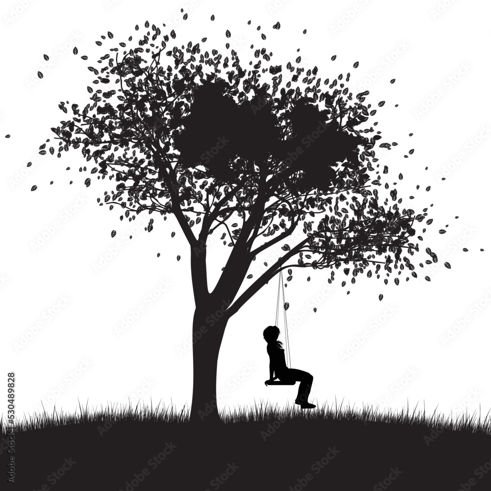 Girl on swing under tree silhouette Girl on swing under tree silhouette