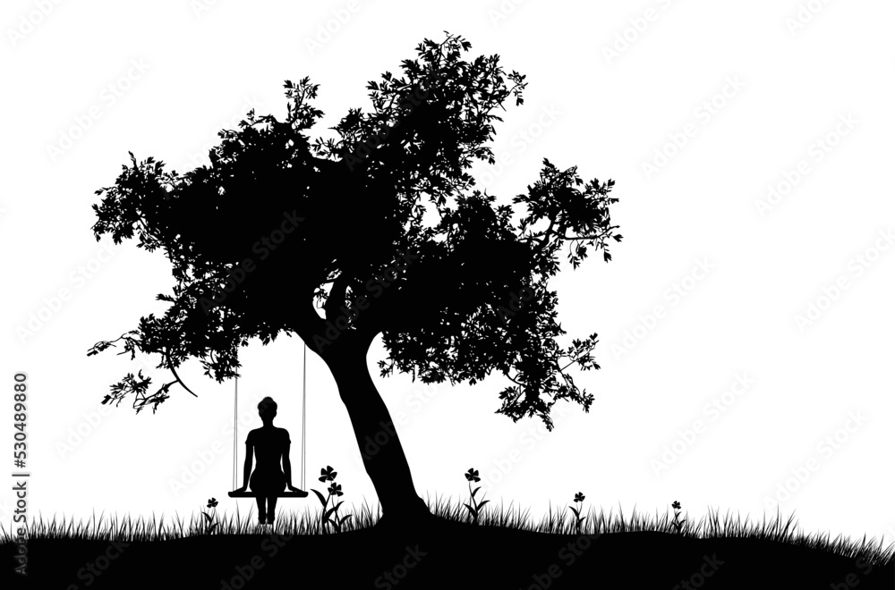 Girl on swing under tree silhouette Girl on swing under tree silhouette