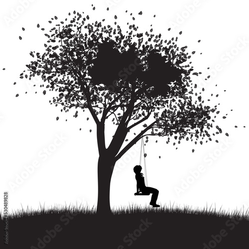 Girl on swing under tree silhouette