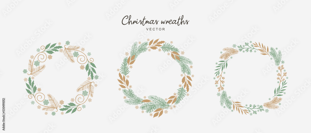 Christmas wreaths of fir branches,  leaves and snowflakes. Vector illustration