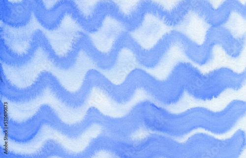 Blue watercolor waves on a light blue background. Wavy long brush strokes, uneven stripes, doodle streaks, curved lines. Hand drawn watercolor text backgrounds, marine, sea borders, aquatic templates