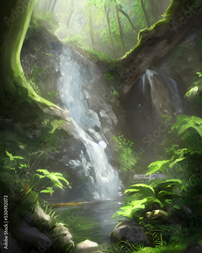 These are some images of waterfalls in luscious forests.