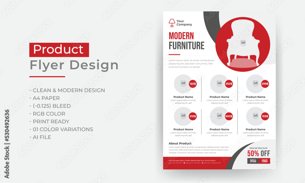 A4 Paper Product flyer design, modern furniture product catalogue or brochure design template	, advertisement design