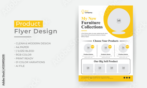 A4 Paper Product flyer design, modern furniture product catalogue or brochure design template	, advertisement design