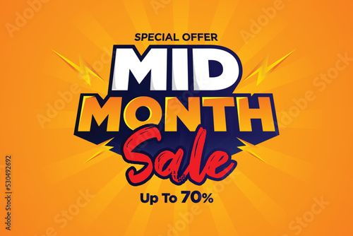 Mid month sale poster or banner vector template design. Big sale event on the orange background. Ads for web, social media, shopping online.