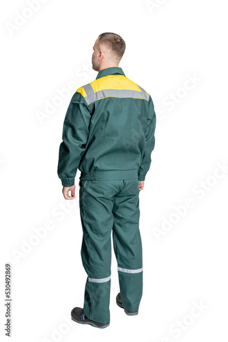 man in special clothes for workers on a white isolated background. a man in uniform