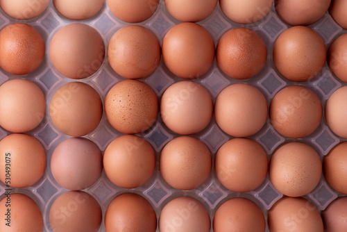 package of fresh eggs, view from above eggs.