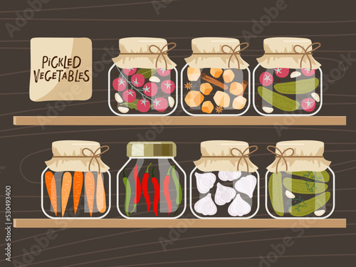 Wooden shelf with Canned food. Pickled vegetables in glass jars hand drawn doodle isolated. Flat vector Food template for menu, detox diet concept, farmers market. Vegetables with spices in jars