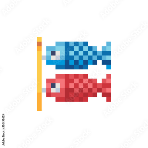 Carp Streamer. Koinobori pixel art style icon. Web site design. 8-bit. Video game sprite. Isolated abstract vector illustration. Game assets.