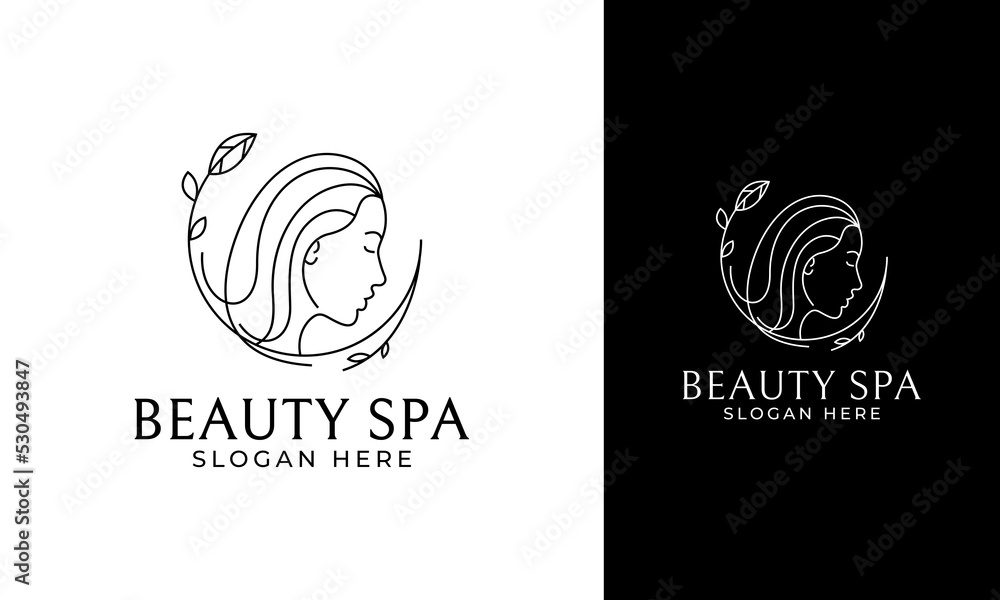 Minimalist beauty spa logo design with face and hair woman concept Minimalist beauty spa logo design with face and hair woman concept