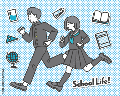 学生生活を駆け抜ける学ランとセーラー服の学生のベクターイラスト素材／制服／高校生／中学生／塾／走る／元気