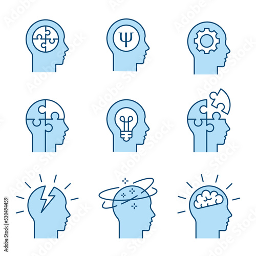 Mental health icons, such as brain, mind, anxiety, depression and more. Vector illustration. Editable Stroke.