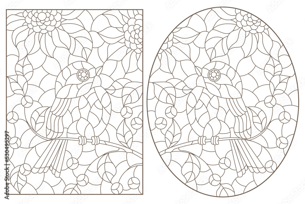 A set of contour illustrations in the style of stained glass with birds on tree branches, dark contours on a white background A set of contour illustrations in the style of stained glass with birds on tree branches, dark contours on a white background