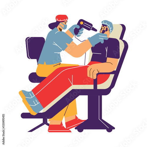 Woman beautician in mask and gloves making cosmetology procedure to man flat style