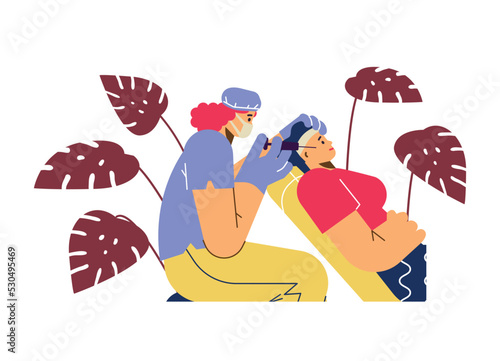 Woman getting anti aging injection in cosmetology clinic, flat vector illustration isolated on white background.