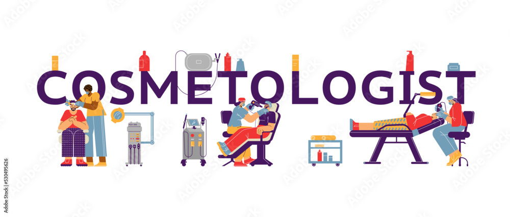 Cosmetologist typographic header with doctors working with clients, flat vector illustration isolated on white.