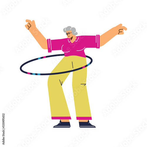 Smiling gray-haired grandmother hula hooping flat style