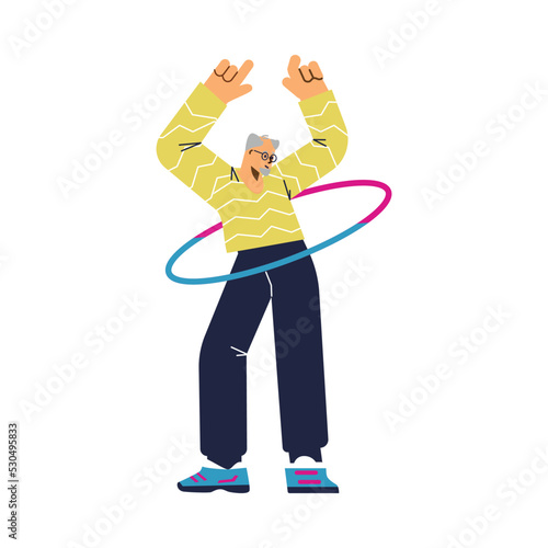 Happy elderly man twisting hula hoop around waist, flat vector illustration isolated on white background.