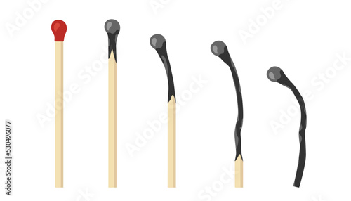 Burnt Stages matches isolated on white background. Wooden matches. Match stick icon set. Flat vector illustration. Design element For cards, posters, decor, logo, web. Match combustion steps