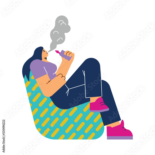 Girl sits in chair and smokes electronic cigarette, vaping concept - flat vector illustration isolated on white.