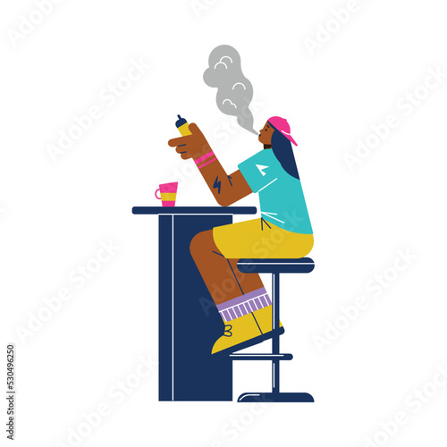 Woman vaping in cafe with cup of coffee or tea, flat vector illustration isolated on white background.