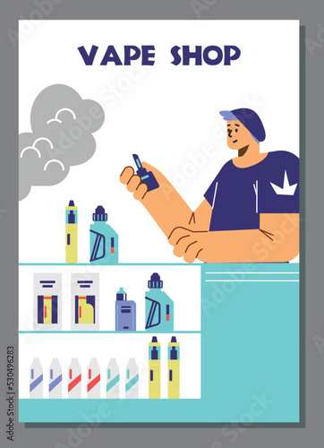 Poster or vertical banner about vape shop flat style, vector illustration