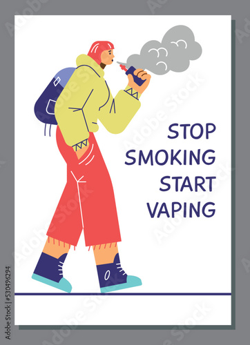 WOman walking and vaping, stop smoking start vaping inscription, poster template flat vector illustration.
