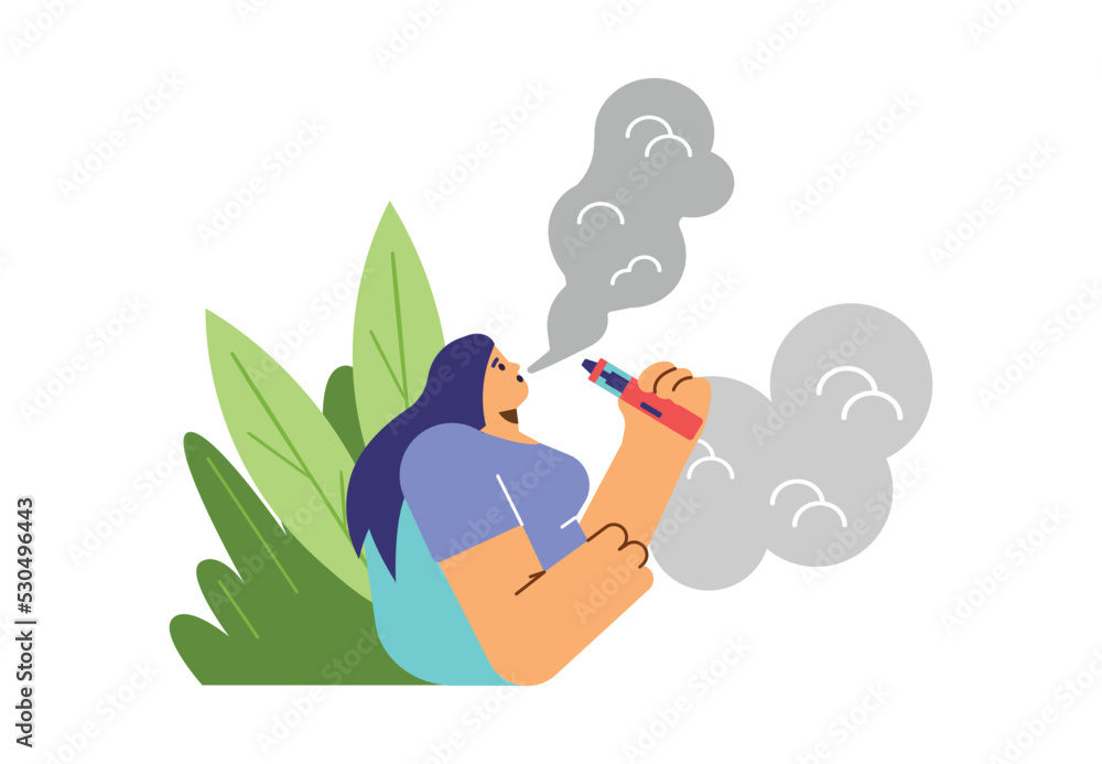 Woman vaping or smoking with vape or e-cigarette device, flat vector isolated.