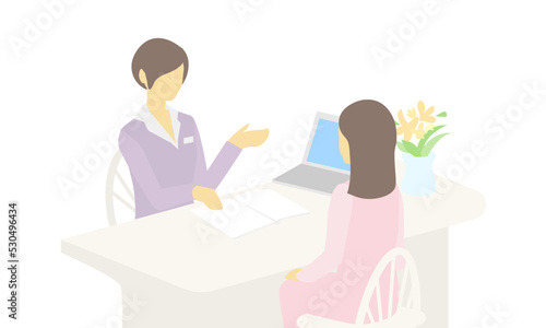 結婚相談所でカウンセラーと相談する女性のイラスト