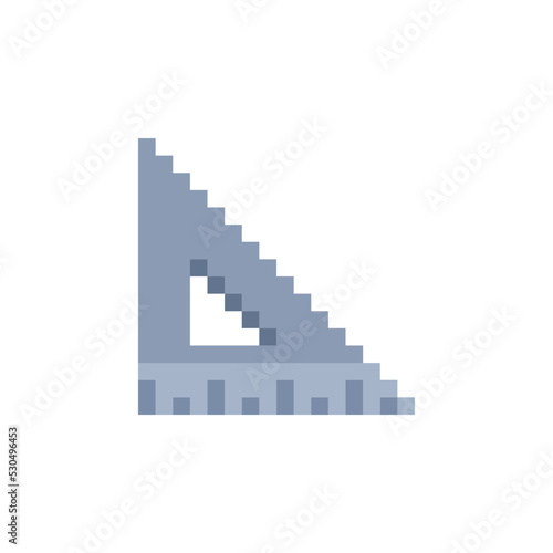 Measuring ruler, pixel art icon, triangular shape. School  stationery equipment isolated on white background vector illustration. 8-bit sprite. Design stickers, logo, app.