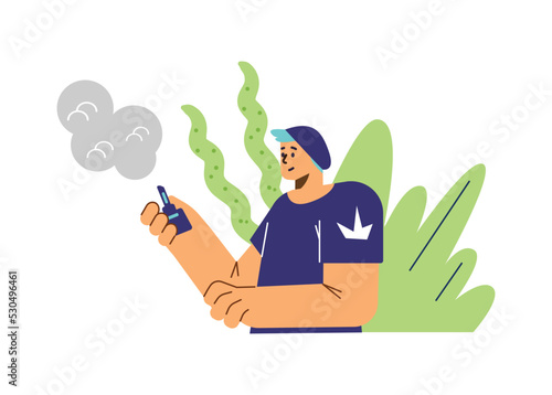 Smiling stylish boy in hat vaping flat style, vector illustration