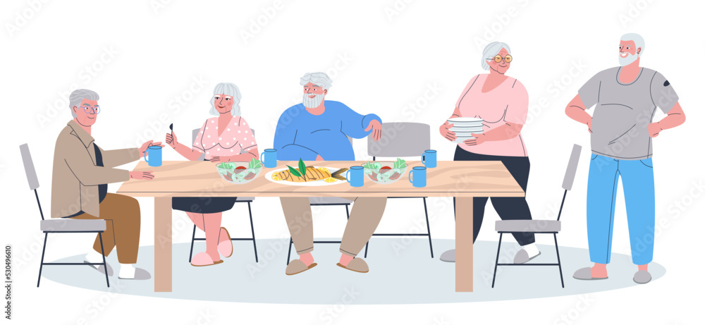 Company of older men and women at a large table. Dinner at the nursing home. Meeting of like-minded pensioners. Flat vector illustration, eps10