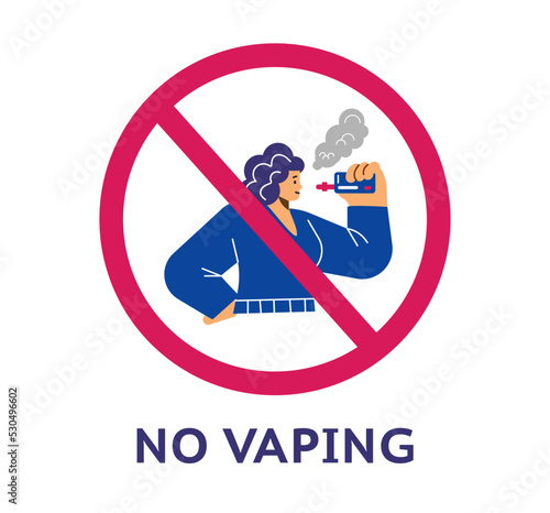 No vaping zone prohibition sign, woman vaping - flat vector illustration isolated on white background.