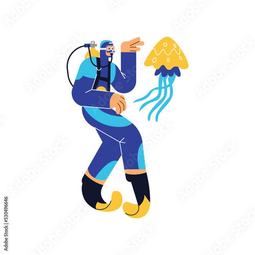 Diver character in suit for scuba diving flat vector illustration isolated.
