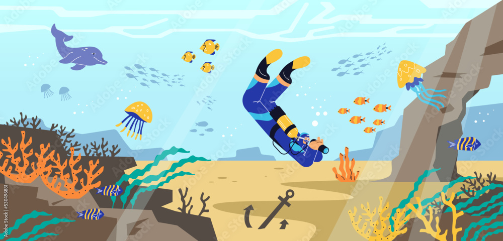 Fototapeta premium Scuba diver exploring seabed flat style, vector illustration