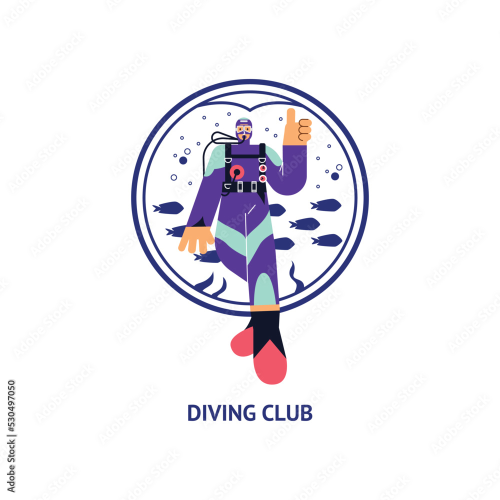 Scuba diver in special suit showing thumb, shape with silhouette of fishes and seaweeds Scuba diver in special suit showing thumb, shape with silhouette of fishes and seaweeds