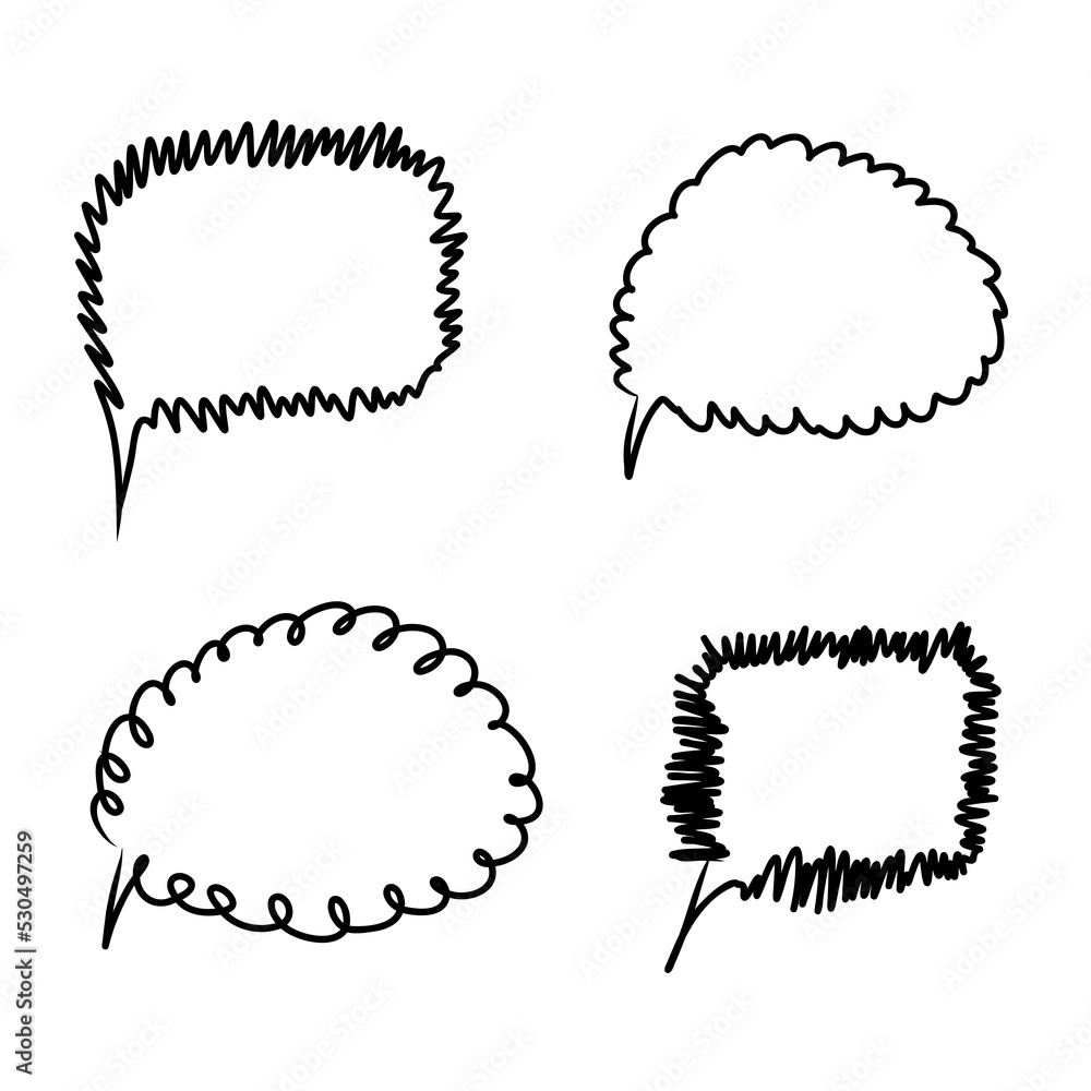 Hand drawn speech bubble. Sketch comic cloud shape. Hand drawn doodle style. Speech bubble chat, message element, quote text. Vector illustration isolated on white background. Hand drawn speech bubble. Sketch comic cloud shape. Hand drawn doodle style. Speech bubble chat, message element, quote text. Vector illustration isolated on white background.