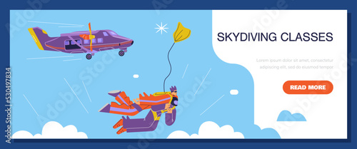 Skydiving classes advertising web banner, flat vector illustration.