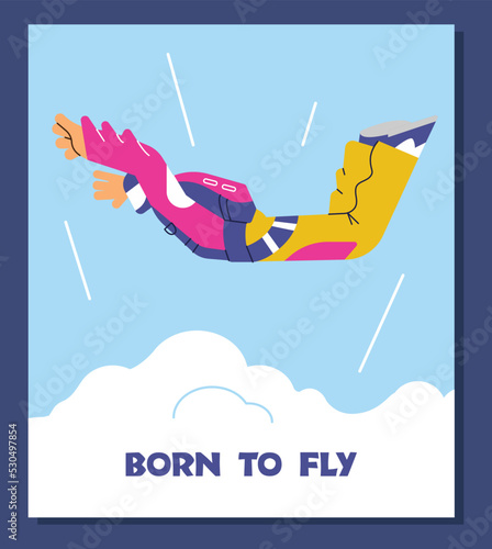 Poster with parachute jumping character flat style, vector illustration