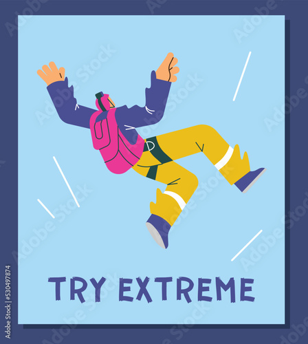Man skydiving with parachute, poster template - flat vector illustration.