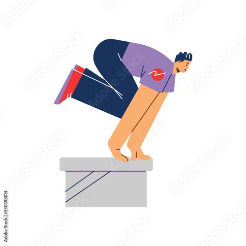 Teenage boy jumping over obstacle during parkour performance, flat vector illustration isolated on white background.