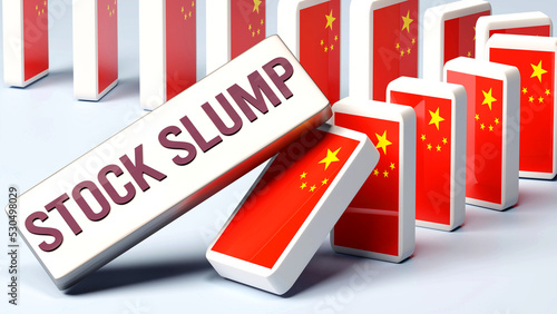 China and stock slump, causing a national problem and a falling economy. Stock slump as a driving force in the possible decline of China.,3d illustration