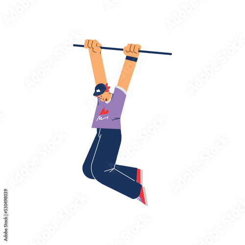 Young boy in cap holding on to bar and jumping flat style