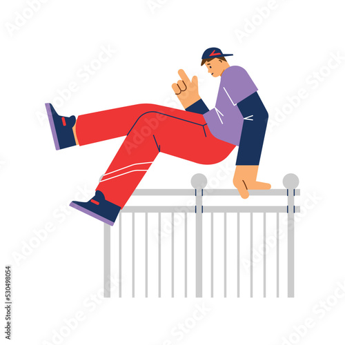 Young smiling boy in cap jumps over fence flat style, vector illustration