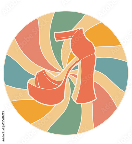 Retro abstract design template with colorful shoes on rainbow waves background. Hippie sandals with high heels in a colored circle. Creative vector illustration.