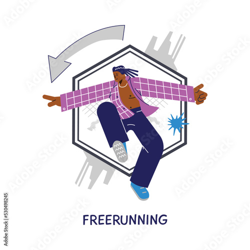 Young man freerunning in urban space, icon flat vector illustration isolated on white background. photo