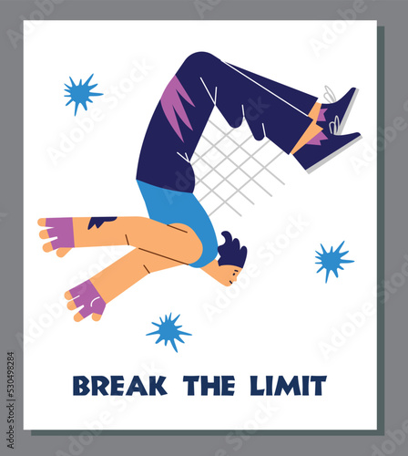 Parkour poster template with text, young man doing backflip - flat vector illustration.