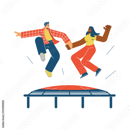 Couple jumping on a trampoline holding hands, flat vector illustration isolated.