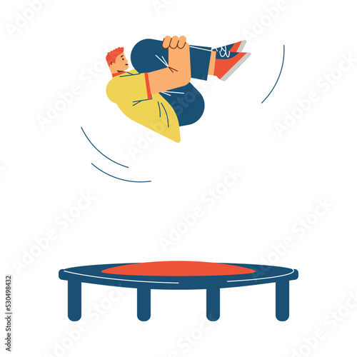 Teenage boy does somersault on trampoline, flat vector illustration isolated on white background.