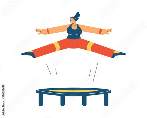 Happy young woman jumping professionally on trampoline flat style
